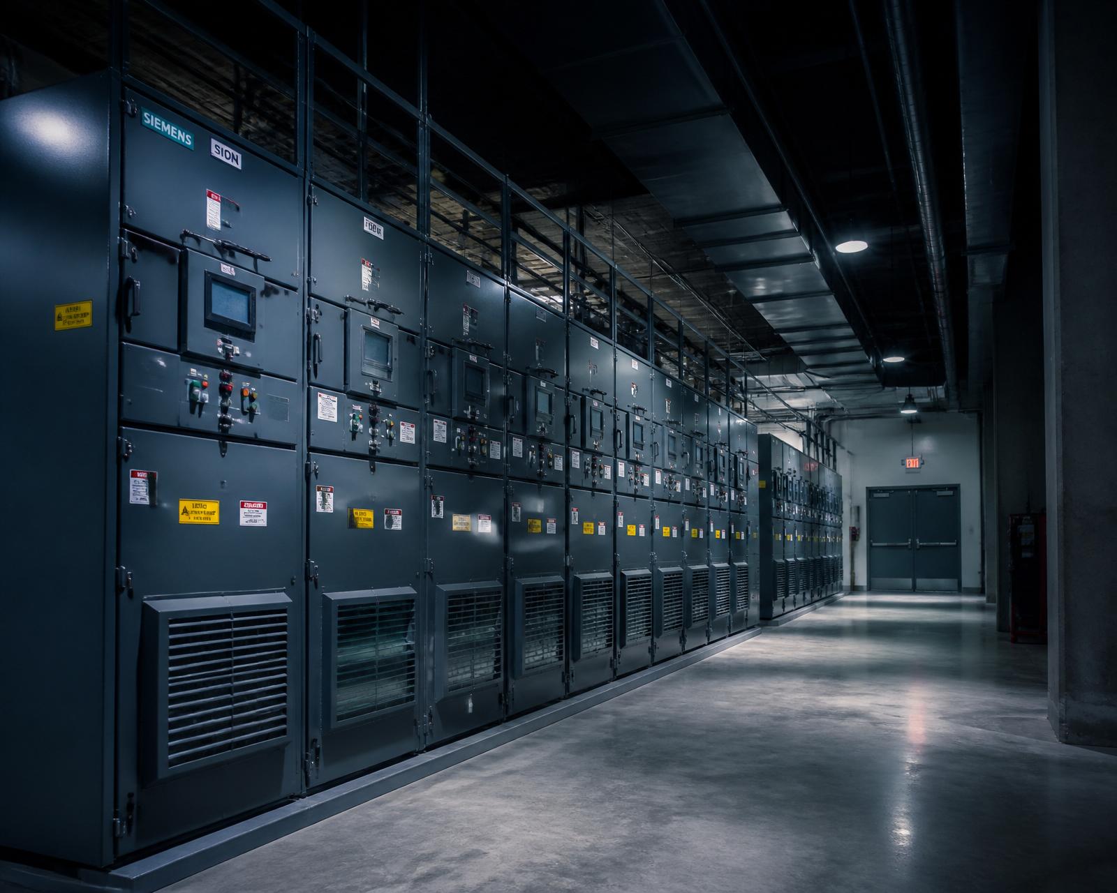 Lineup of medium-voltage switchgear cabinets in a commercial electrical room