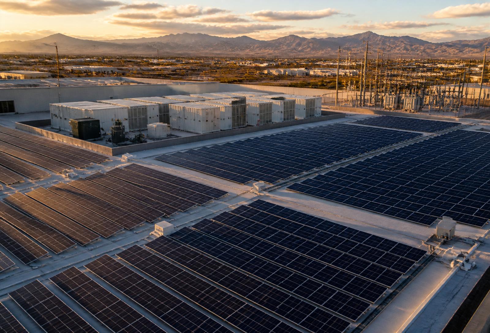 Commercial rooftop solar array with battery energy storage containers and substation in Arizona